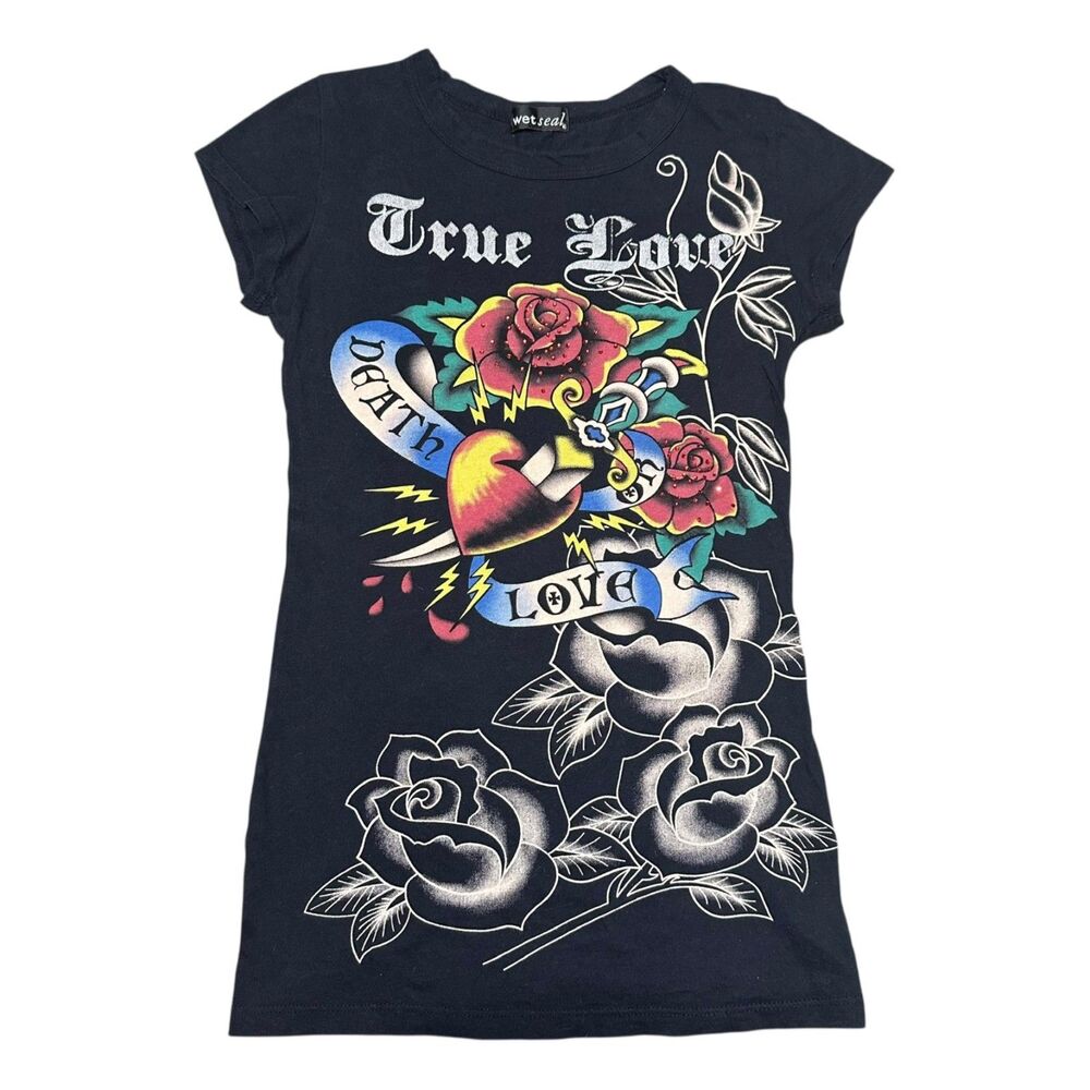 Vintage Wet Seal Y2K Black True Love Tattoo Roses Heart Graphic T-Shirt, Medium